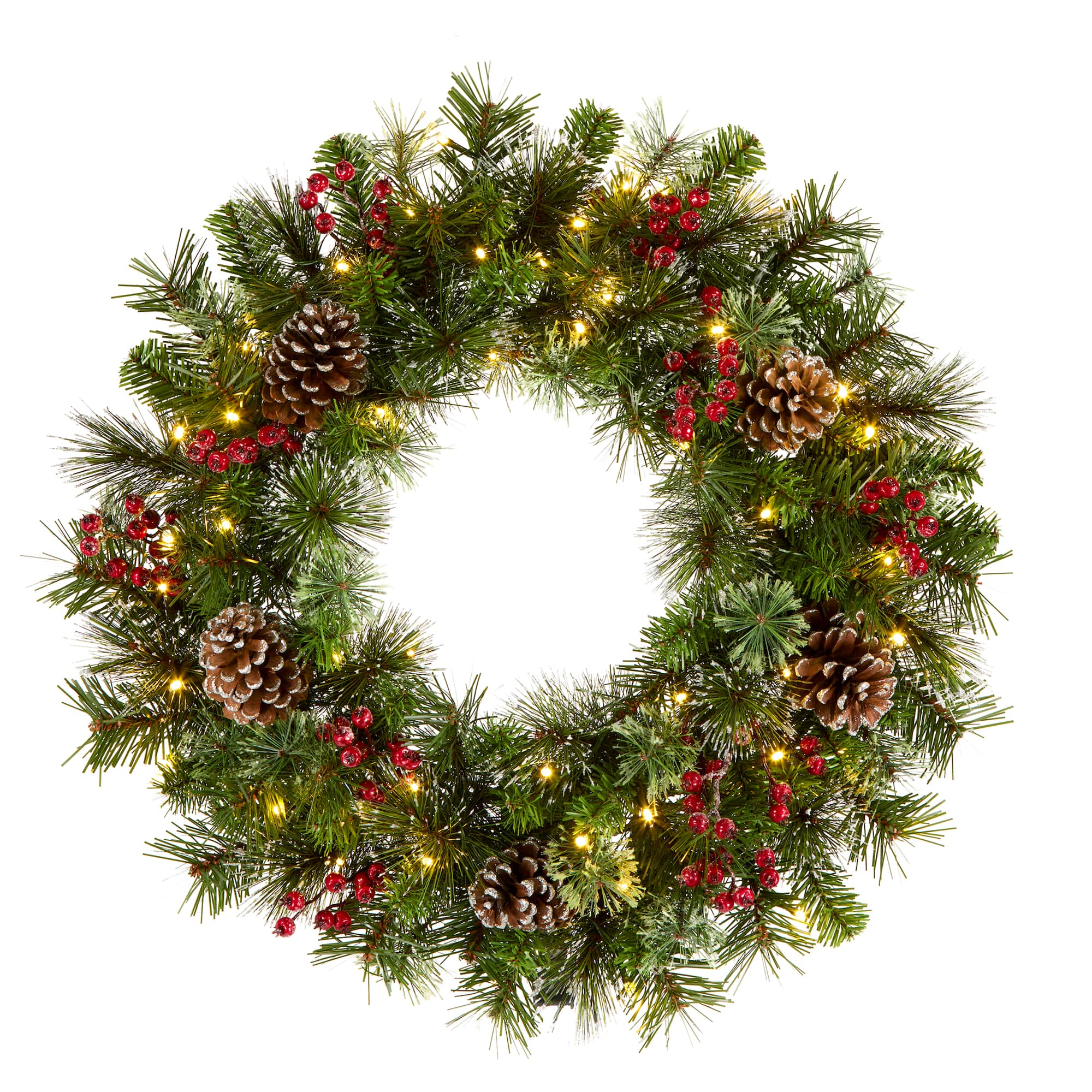 24" Iced Berry Warm White LED Pre-Lit Pine Wreath